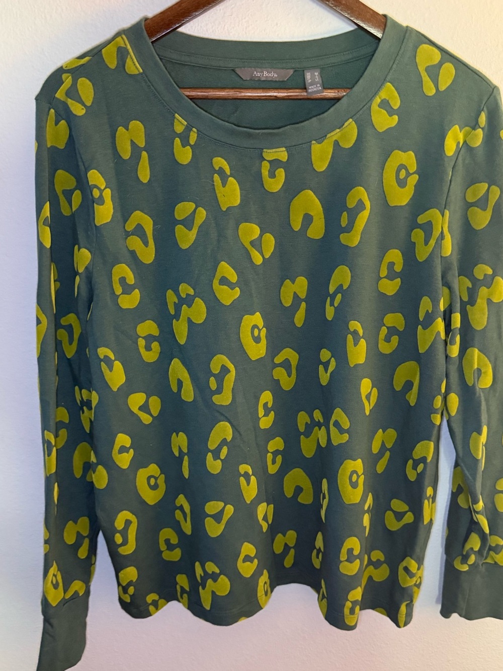 AnyBody Olive Green Long Sleeve Top with Yellow Leopard Print